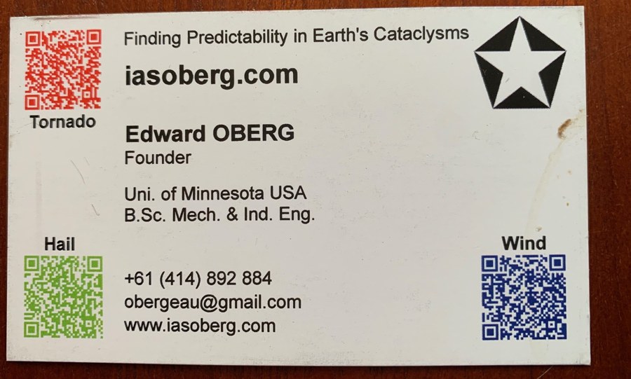 Iasoberg business card with colour-coded QR codes for Tornado, Hail, and Wind forecasts